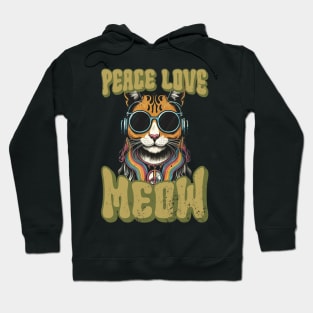 Peace Love Meow, Retro Groovy Style Hippie Cat Lover Design Hoodie